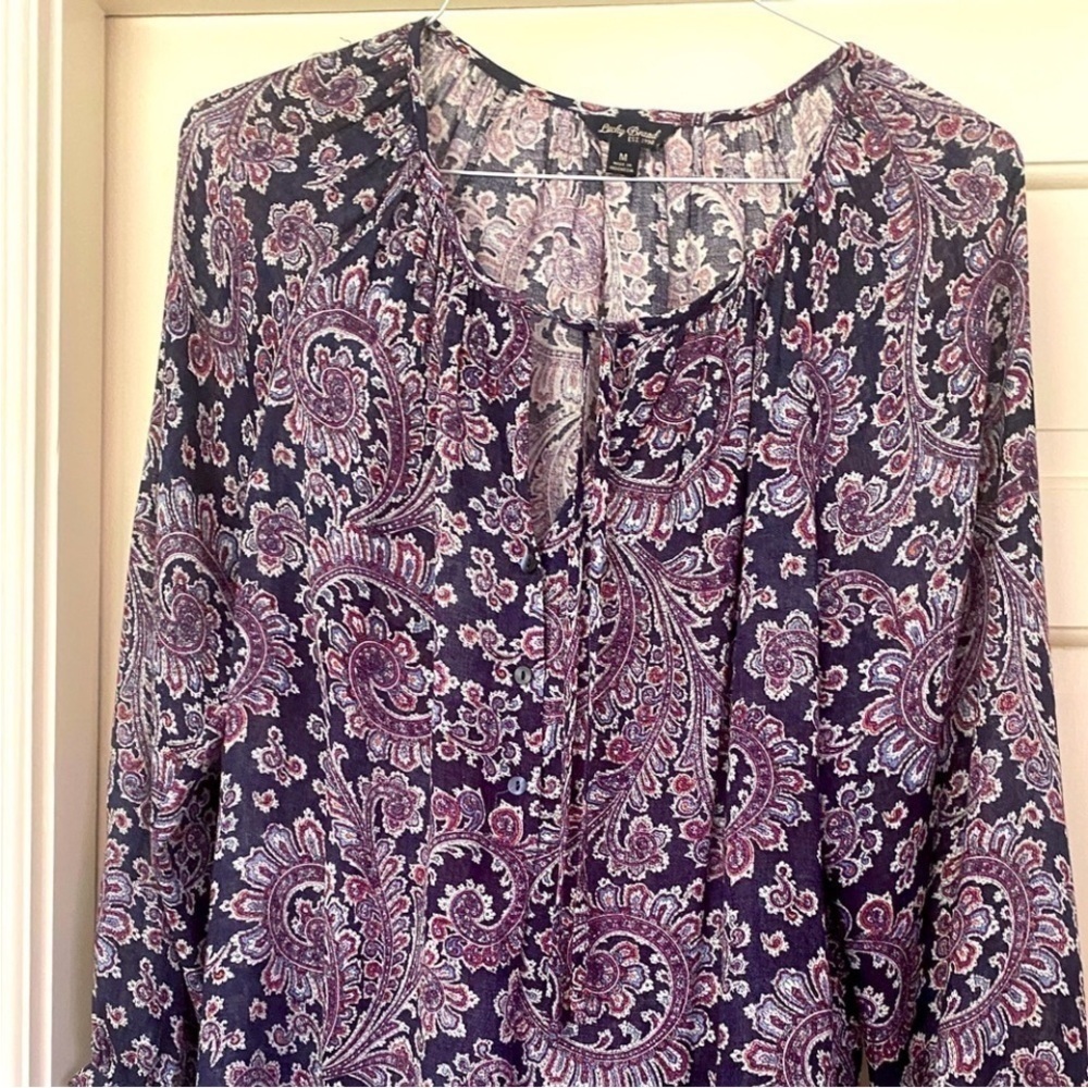 Lucky Brand Collarless Tunic Top Blouse Purple Navy Bohemian Coverup